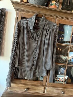 Free People Black and White Vertical Stripe Button-Down Shirt